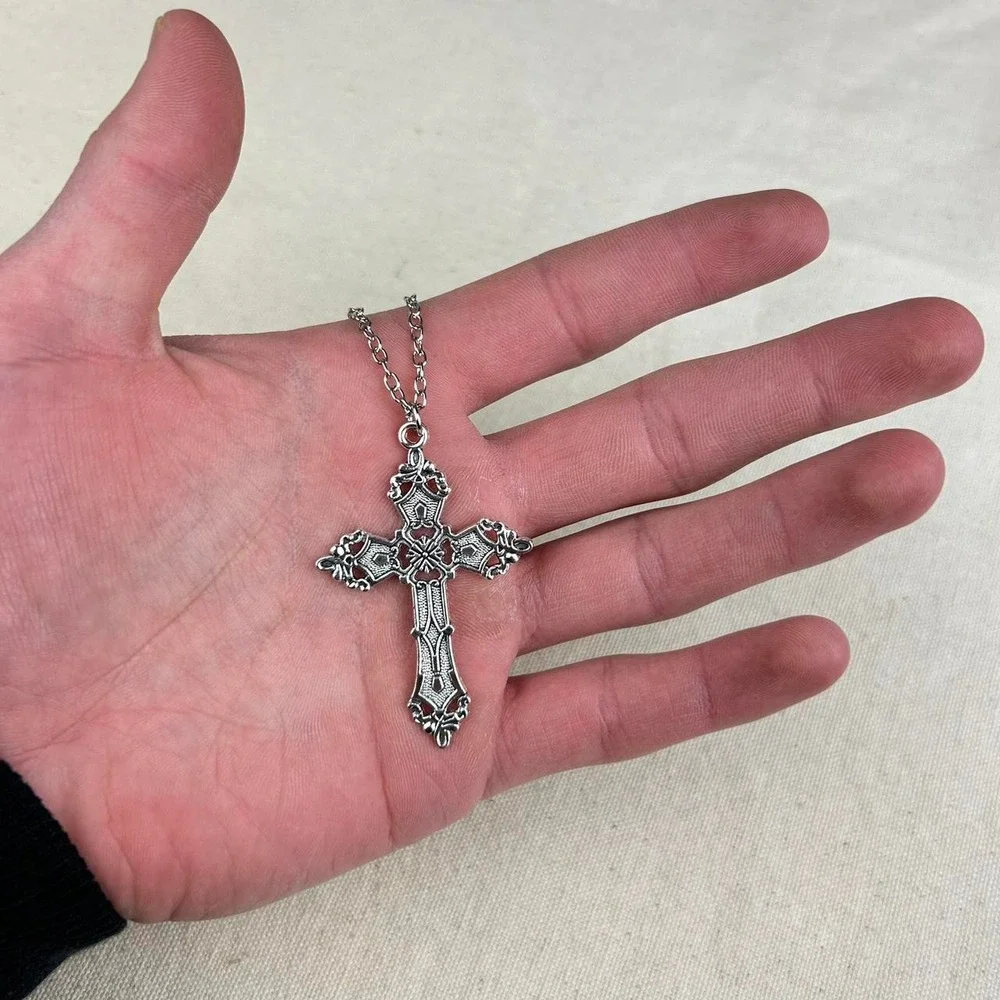 Vintage Y2K silver renaissance cross opium cyber punk style necklace emo goth